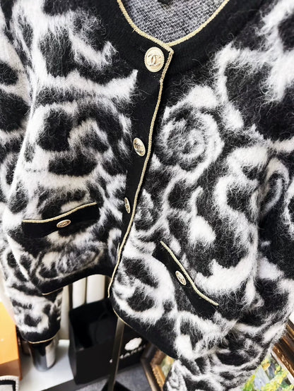 Chanel 20A Black and White Camellia Cardigan