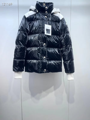 Chanel 25N black and white hooded down jacket