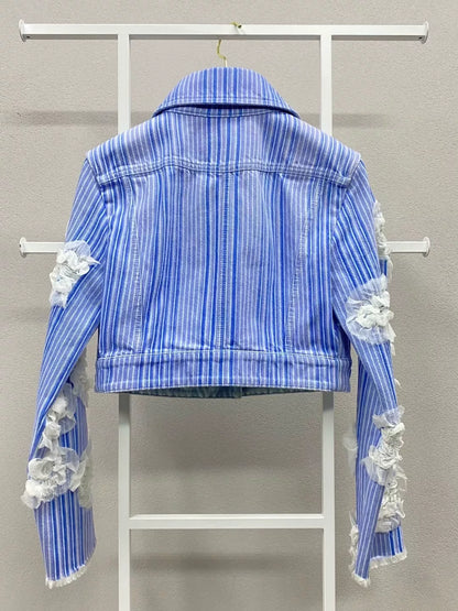 Chanel 18S Camellia Striped Denim Jacket
