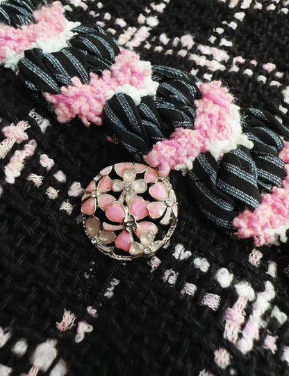 Chanel 24S black and pink tweed hooded long coat
