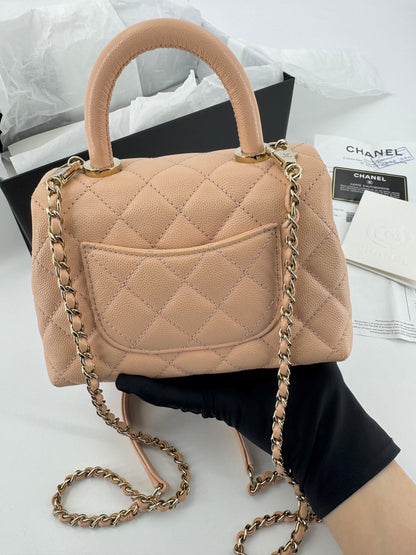 Chanel peach grained leather mini coco handle with light gold hardware