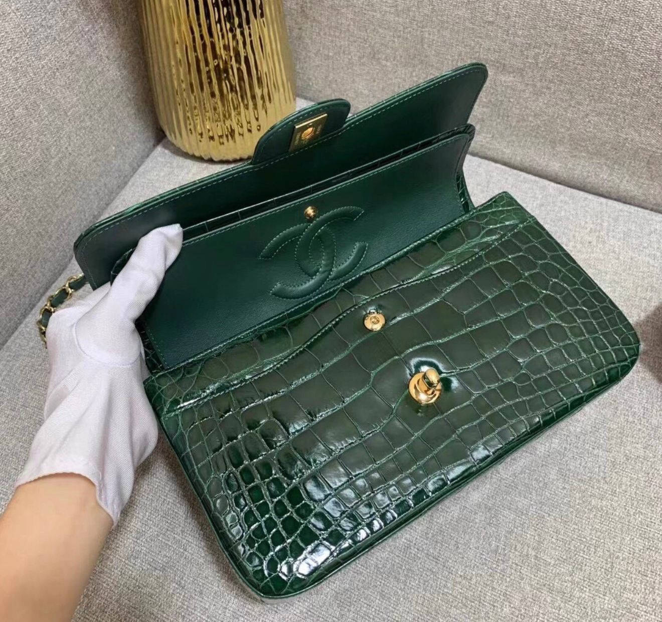 Chanel dark green alligator leather gold hardware medium flap bag