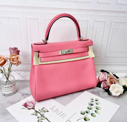 Hermes Rose Azalee Togo Leather Kelly 28 Tote Bag