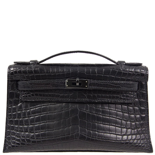 Hermes Kelly Pochette So Black Noir Matte Crocodile Leather