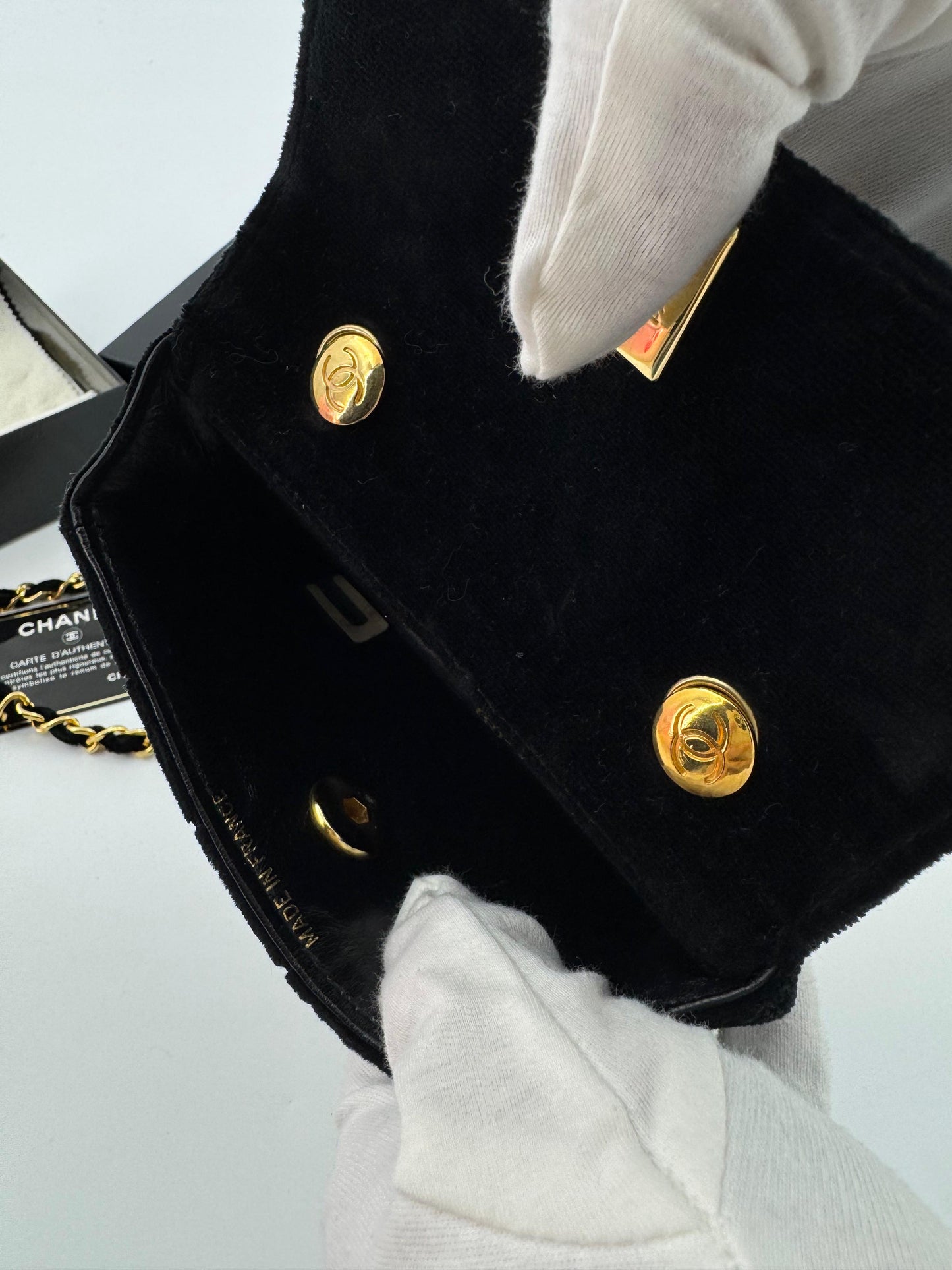 Chanel vintage Black velvet mini square flap bag with gold hardware