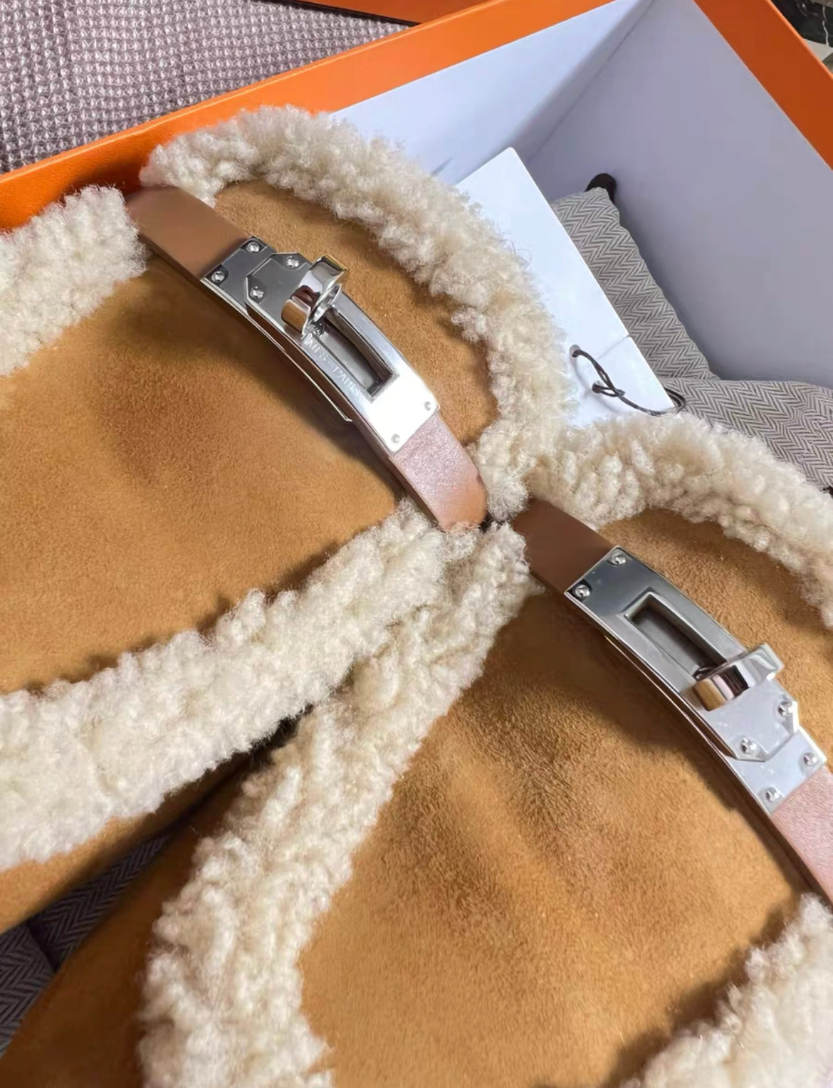 Hermes Oz Mule in Suede Natural Shearling Silver Kelly Buckle Size 38