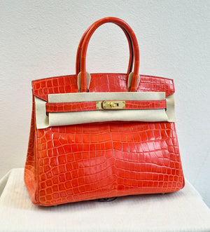 Hermès Birkin 30 Geranium Orange shiny crocodile leather gold hardware