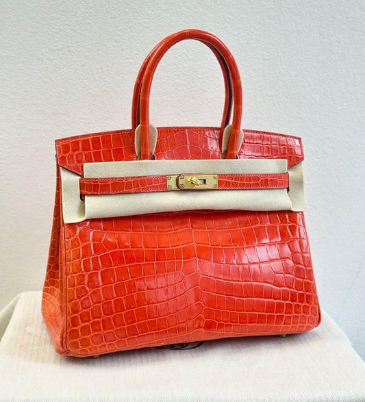Hermès Birkin 30 Geranium Orange shiny crocodile leather gold hardware
