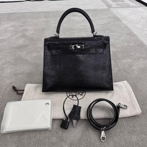 Hermes Kelly 25 Black Lizard Ruthenium hardware