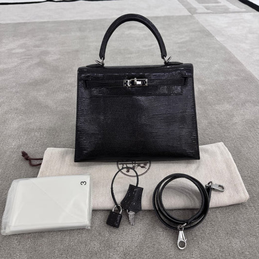 Hermes Kelly 25 Black Lizard Ruthenium hardware