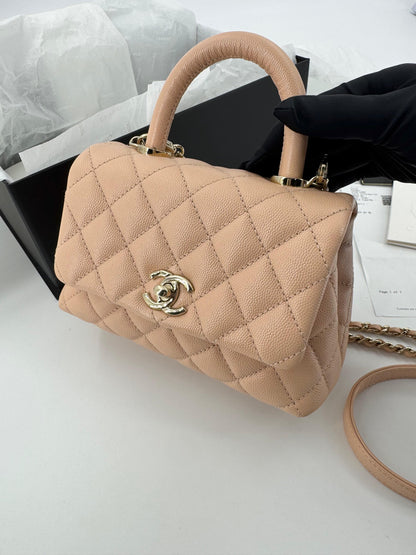 Chanel peach grained leather mini coco handle with light gold hardware