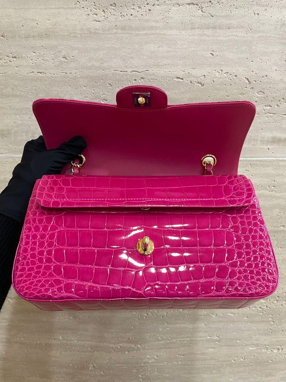 Chanel Medium Pink crocodile Alligator Flap Bag Gold Hardware