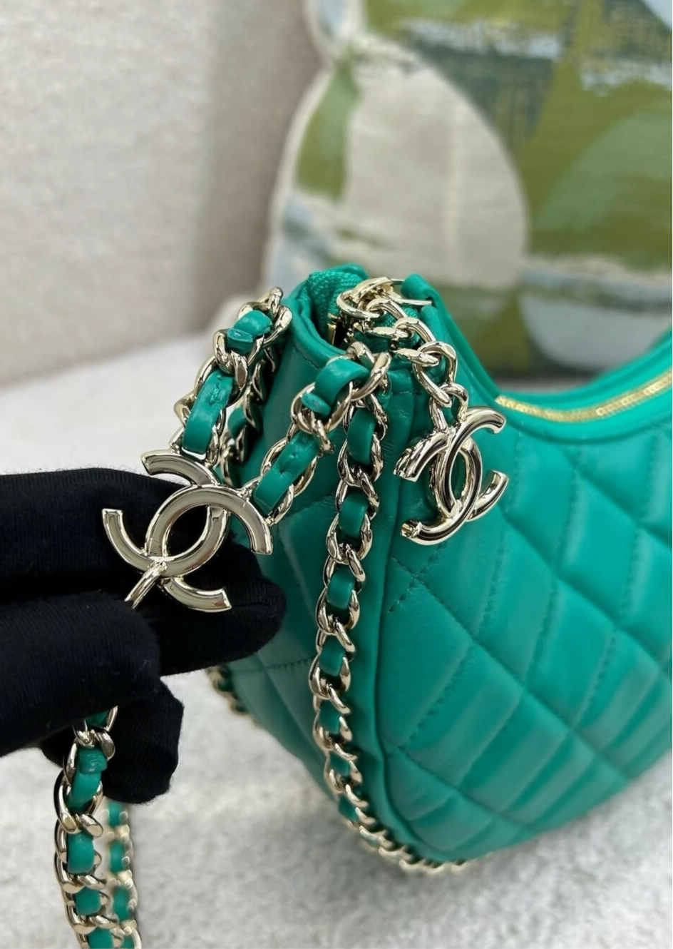 CHANEL 23P SMALL MOON HOBO LAMBSKIN GREEN LIGHT GOLD HARDWARE