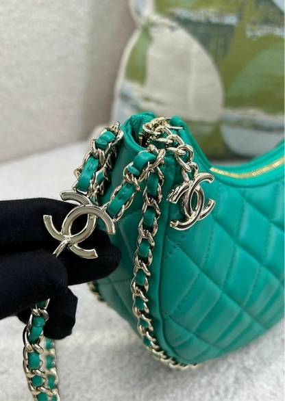 CHANEL 23P SMALL MOON HOBO LAMBSKIN GREEN LIGHT GOLD HARDWARE