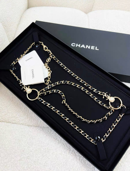 Chanel 22C black gold leather chain and pearl waist chain