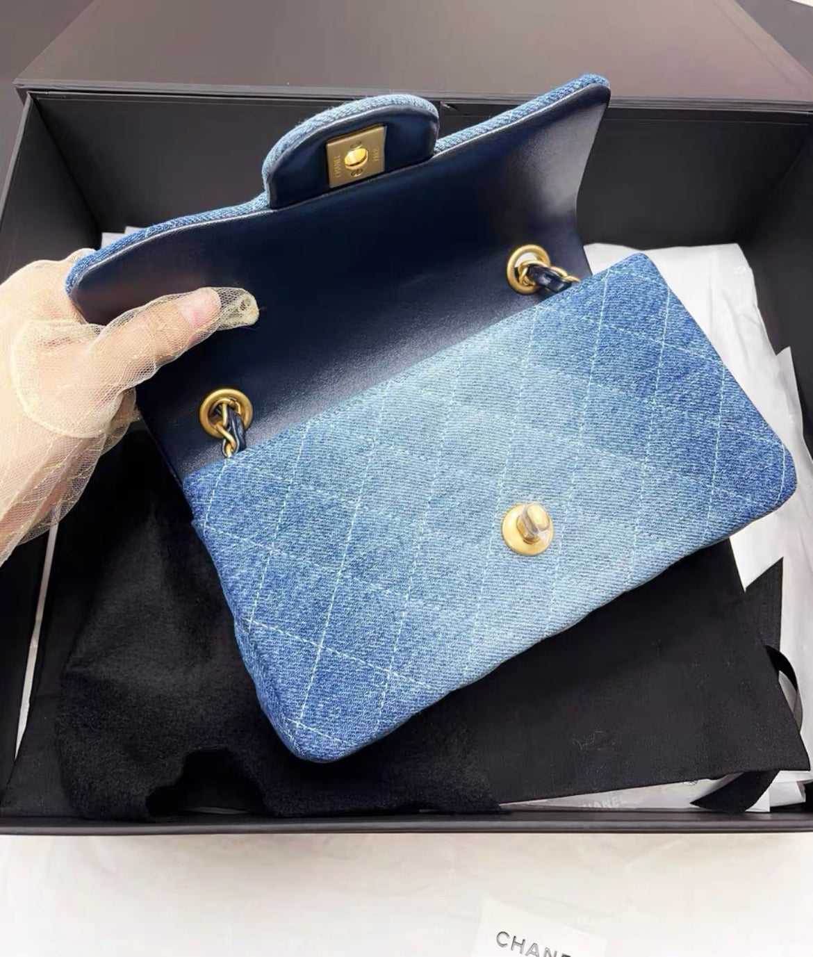 CHANEL 24S MINI RECTANGULAR DENIM BLUE FLAP BAG GOLD HARDWARE