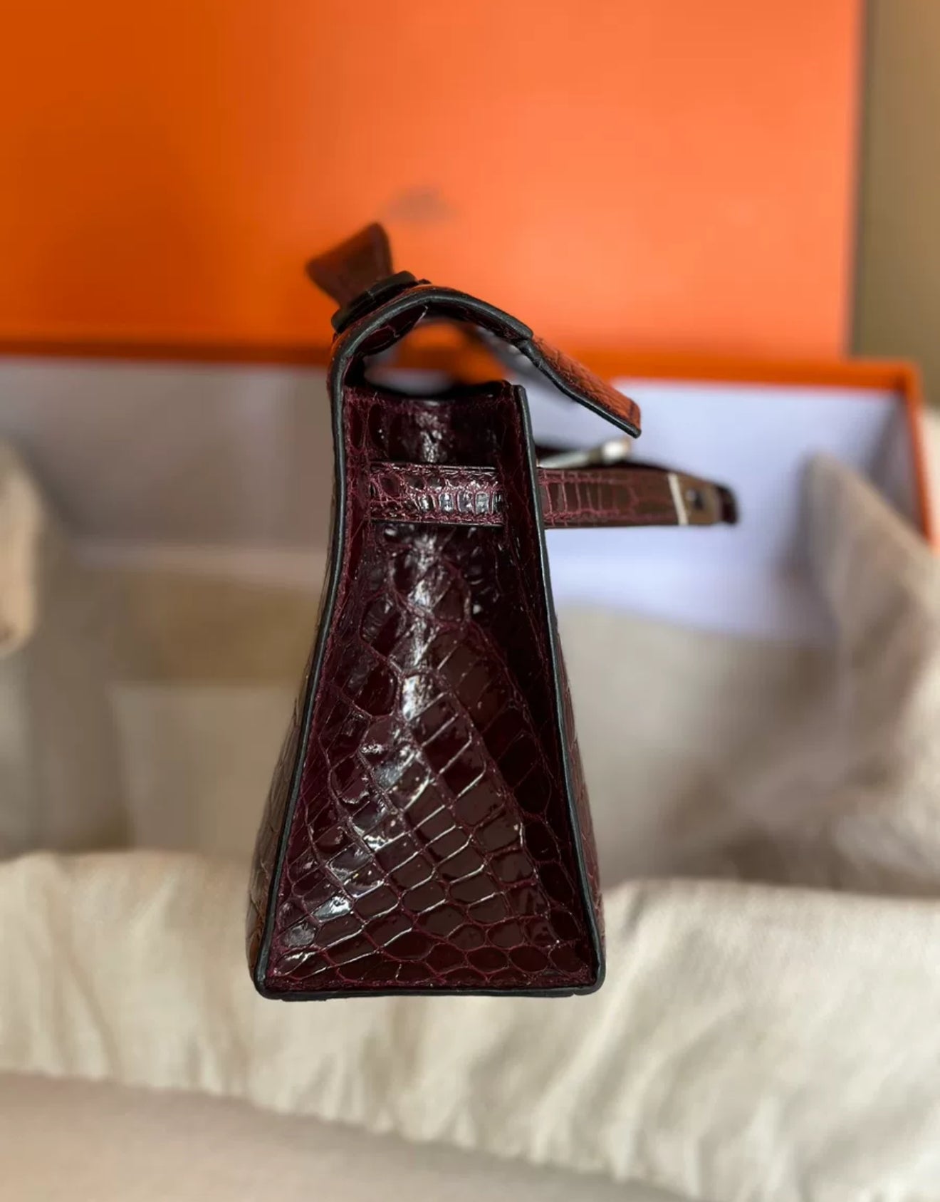 Hermes mini kelly Bordeaux Red Shiny Crocodile Leather Palladium Hardware