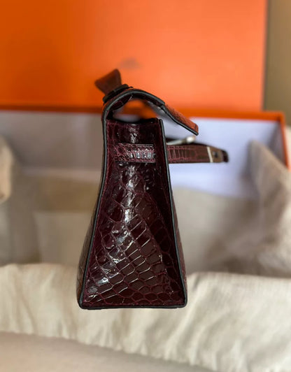 Hermes mini kelly Bordeaux Red Shiny Crocodile Leather Palladium Hardware