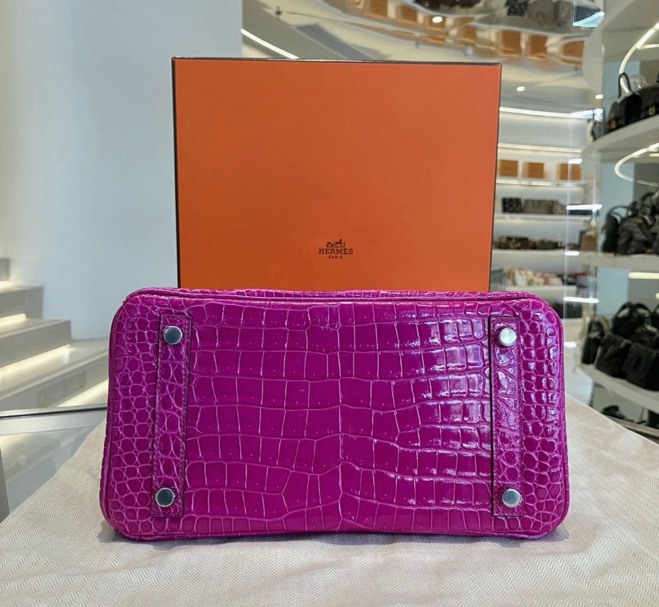 Hermes Birkin 25 fuchsia 5J shiny crocodile leather 18k white gold with diamonds hardware