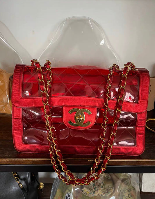 CHANEL 1995 Spring summer "BARBIE" MAXI FLAP METALLIC RED BAG 24K GHW CLASSIC PCI