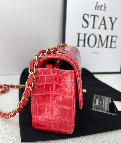 CHANEL Red Shiny Alligator Classic Mini Flap Bag with Gold Hardware