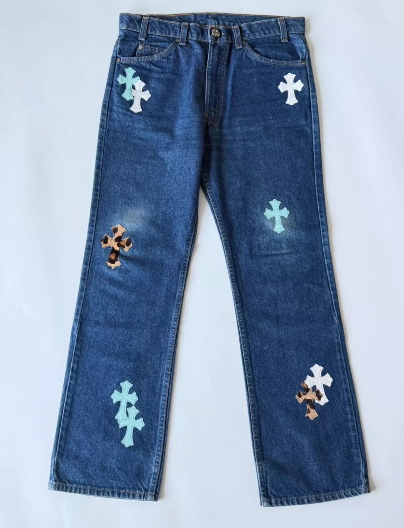 Chrome Hearts blue washed denim with baby blue white leopard print cross patchwork