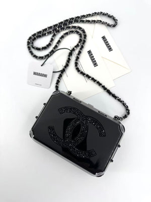 Chanel 2014 Black Plexiglass Supermarket Egg Carton Minaudière Strass CC Jewelry Box Clutch Silver Hardware