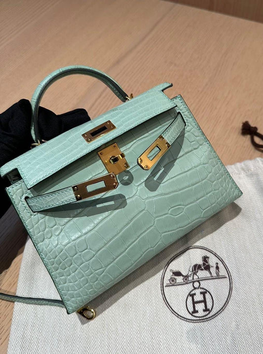 Hermes Mini Kelly 20 Vert d’Eau Matte Alligator Gold hardware