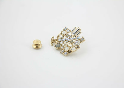 Chanel Vintage 10A Rhinestone Irregular Geometric Pattern Gold Brooch