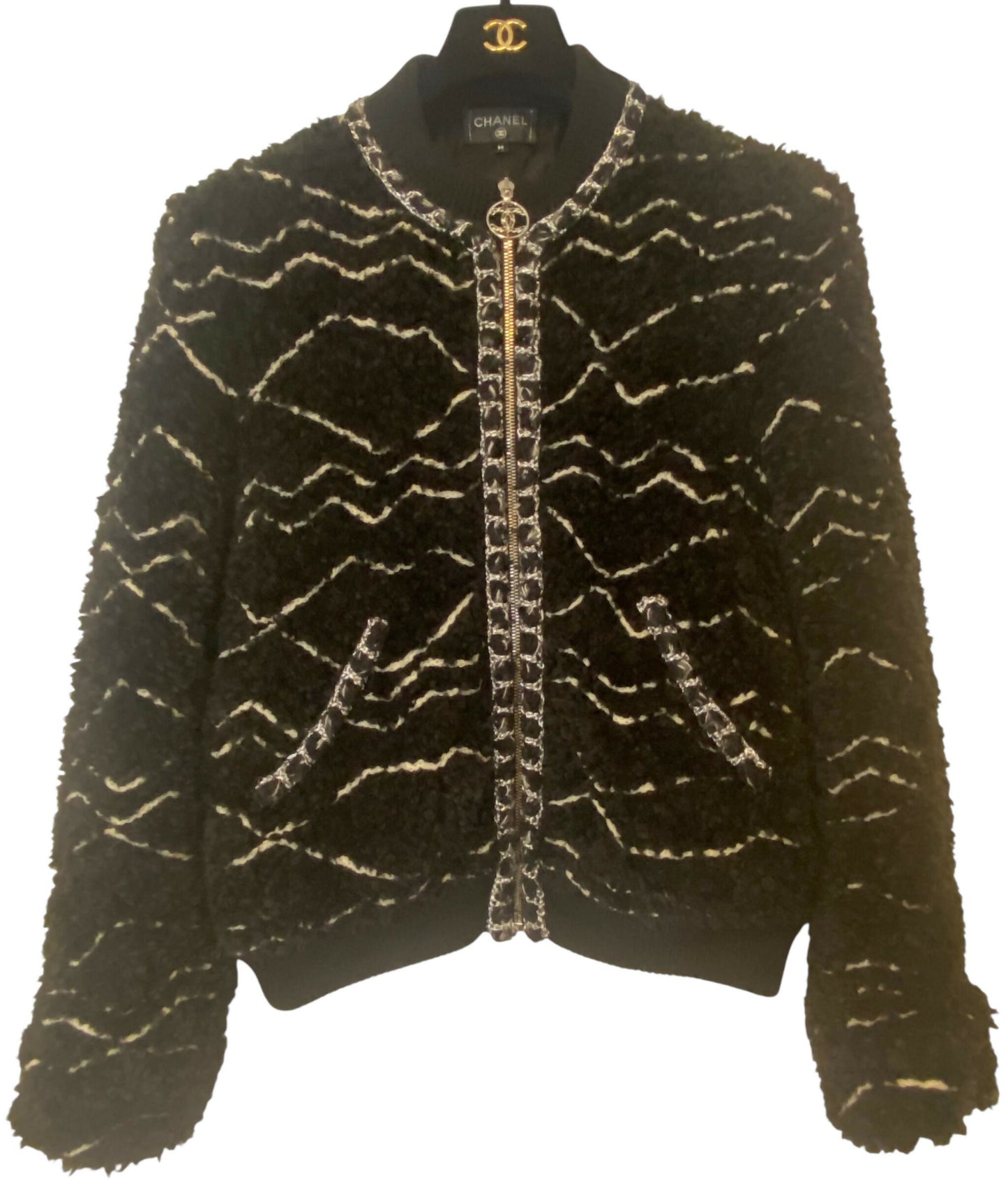 CHANEL 19B Black Alpaca CC Zipper Bomber Jacket Coat FR 36