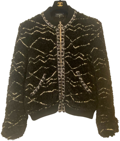 CHANEL 19B Black Alpaca CC Zipper Bomber Jacket Coat FR 36