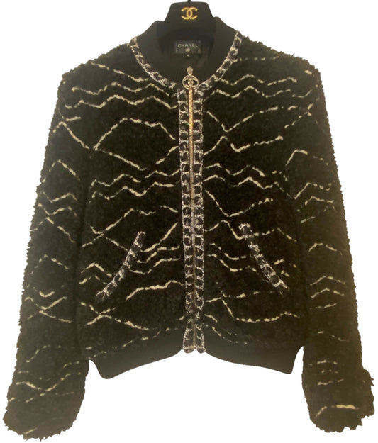 CHANEL 19B Black Alpaca CC Zipper Bomber Jacket Coat FR 36