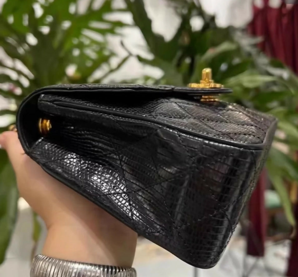 Chanel Vintage Black Lizard Leather Mini Square Flap Bag with Gold