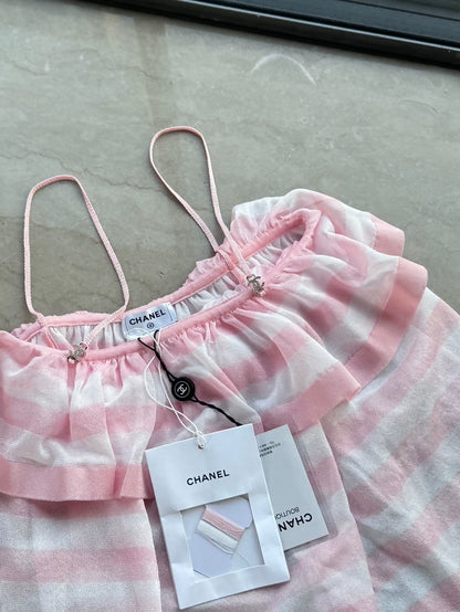 Chanel 24s Pink Striped Ruffle top