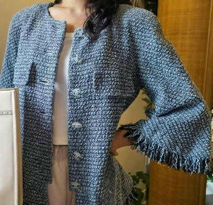 Chanel 18P Black White Tweed Fringe Jacket FR 44