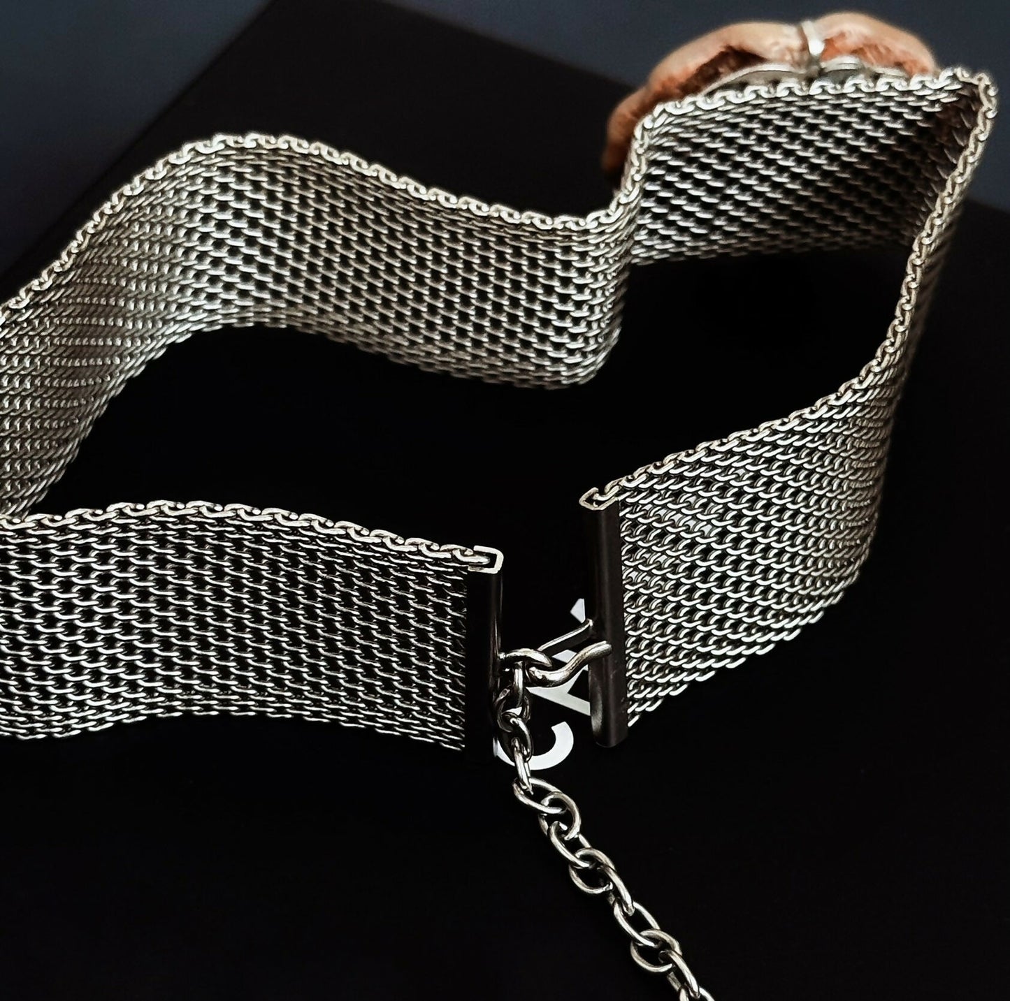Chanel Vintage 98A Silver Plated Metal Mesh Mother-of-pearl Camellia Flower Choker