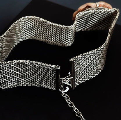 Chanel Vintage 98A Silver Plated Metal Mesh Mother-of-pearl Camellia Flower Choker