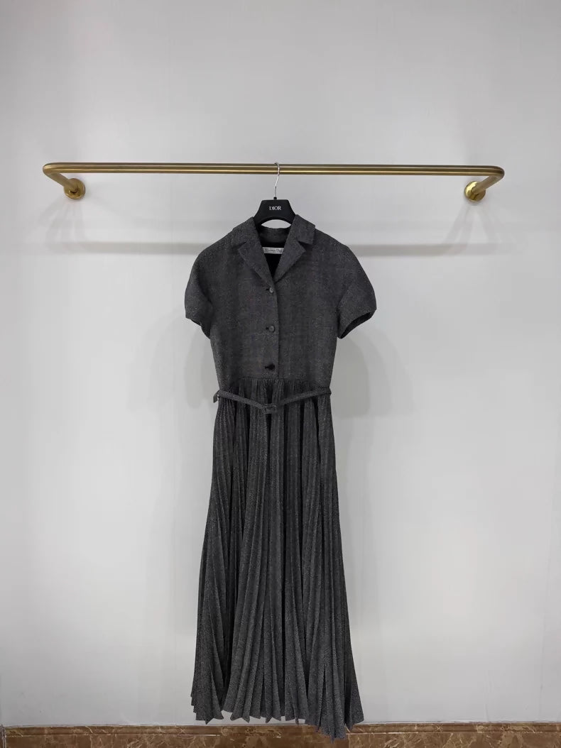 Dior 24 Early Spring Grey Pleated Elegant Full Skirt Dress