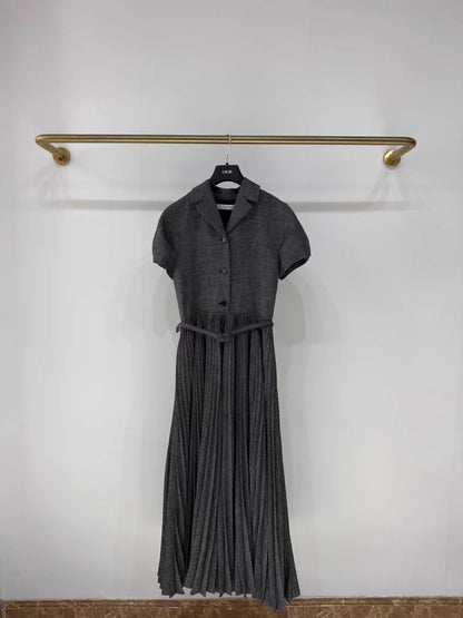 Dior 24 Early Spring Grey Pleated Elegant Full Skirt Dress