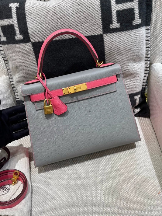 Hermes Kelly 28 Grey & Pink Epsom Leather with brushed gold hardware