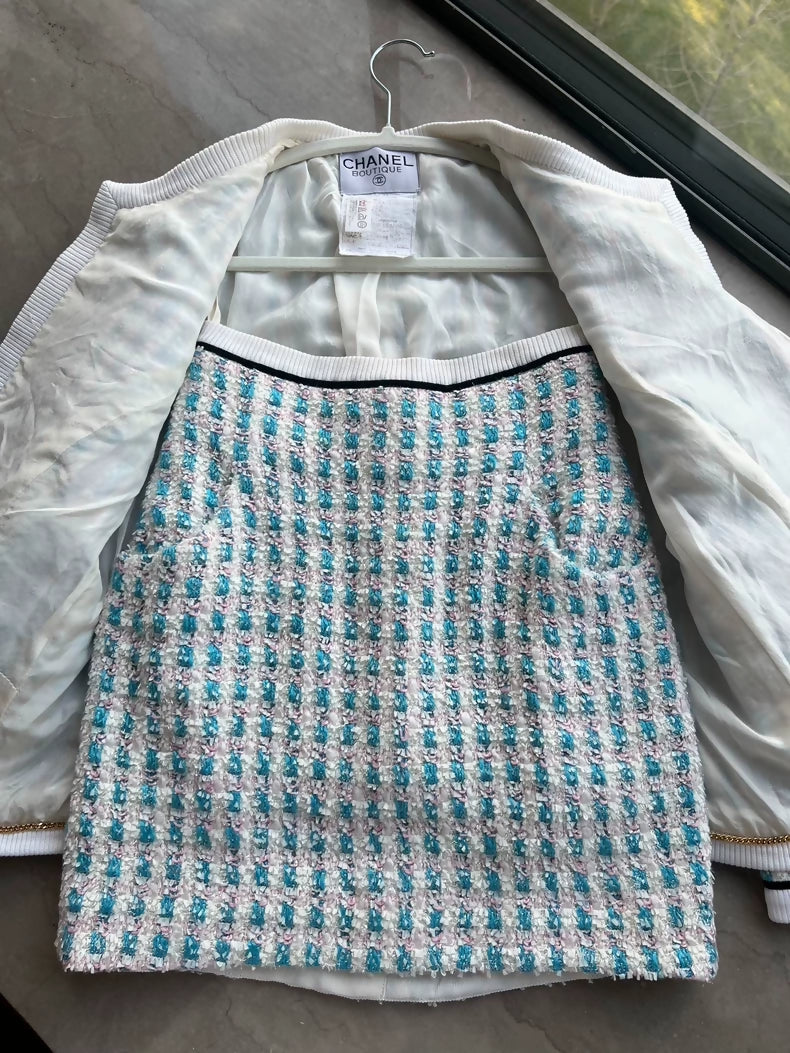 Chanel vintage blue and pink jacket and skirt
