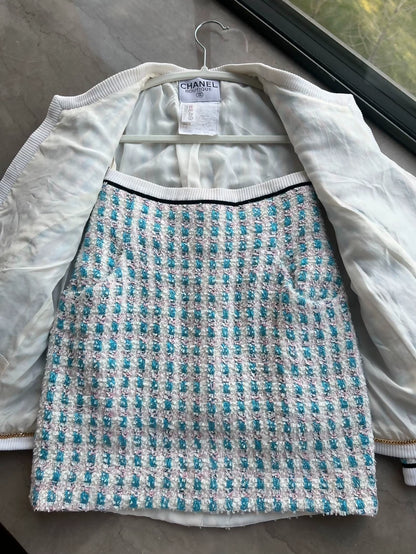 Chanel vintage blue and pink jacket and skirt