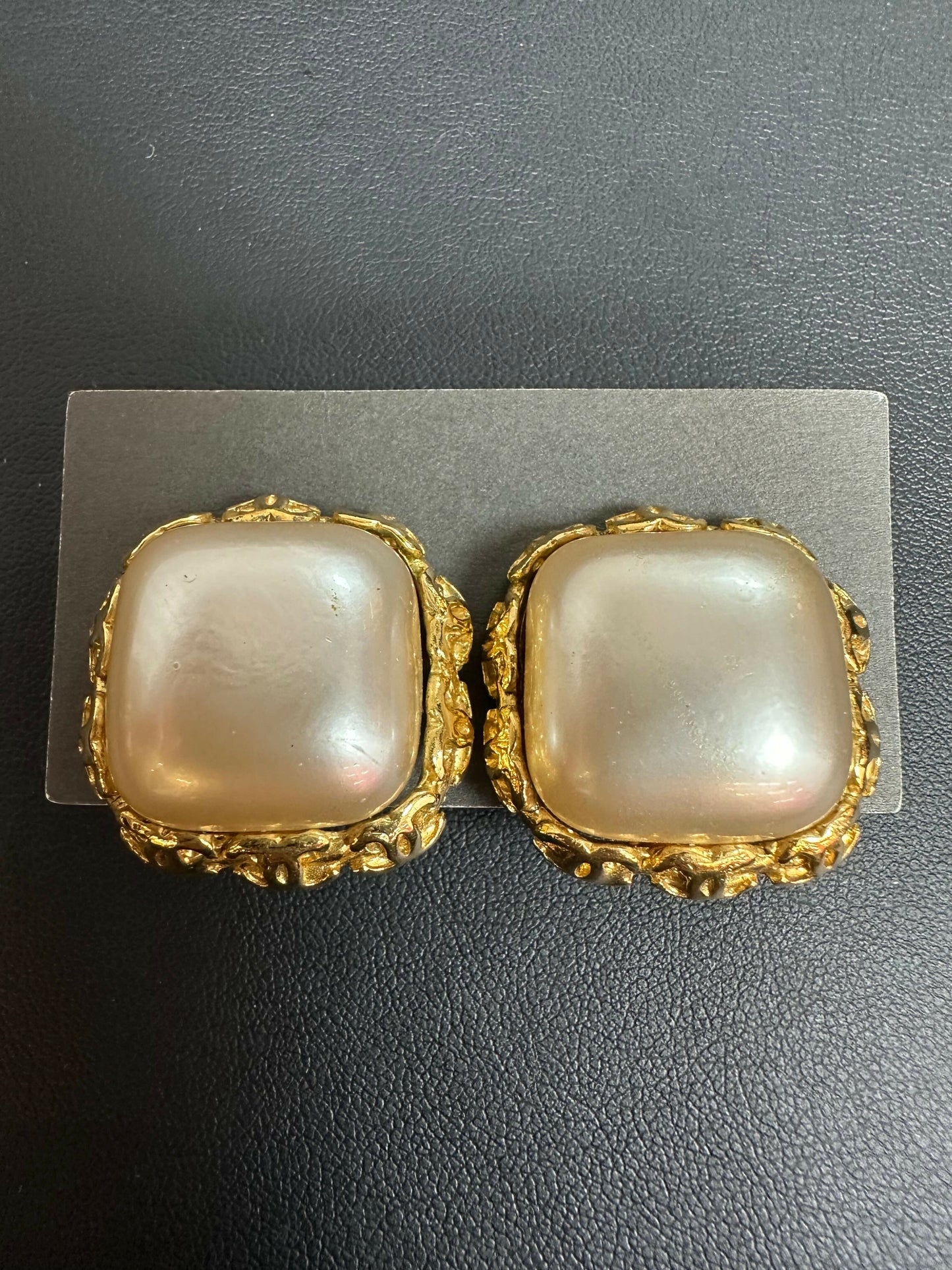 Chanel Vintage 91 Imitation Pearl & Gold Plated Square Clip-on Earrings