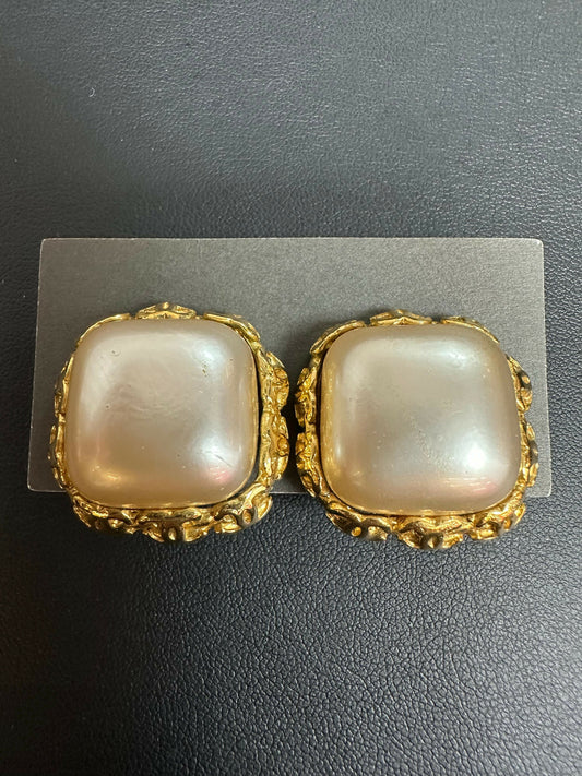 Chanel Vintage 91 Imitation Pearl & Gold Plated Square Clip-on Earrings