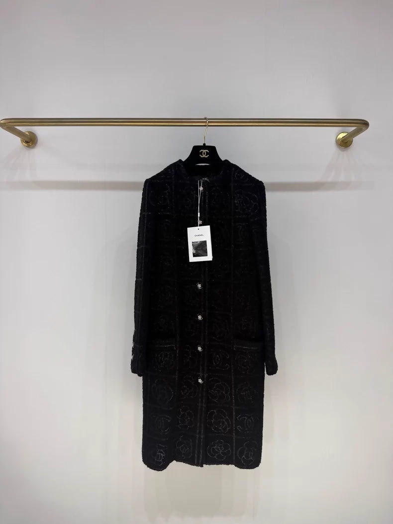Chanel 23K black camellia print coat