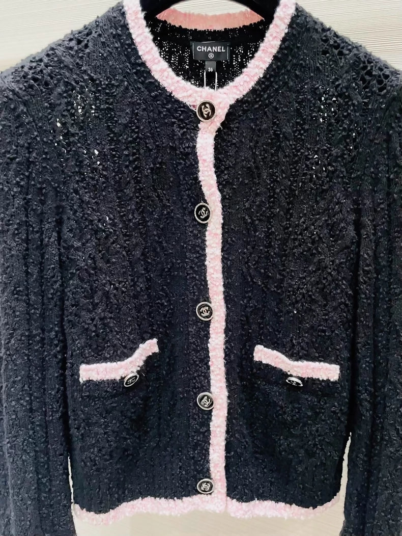 Chanel 24P black and pink knit cardigan