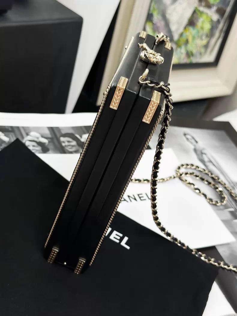 Chanel 17A  Black and Gold Lambskin Ritz-Carlton Box Bag with gold Chain