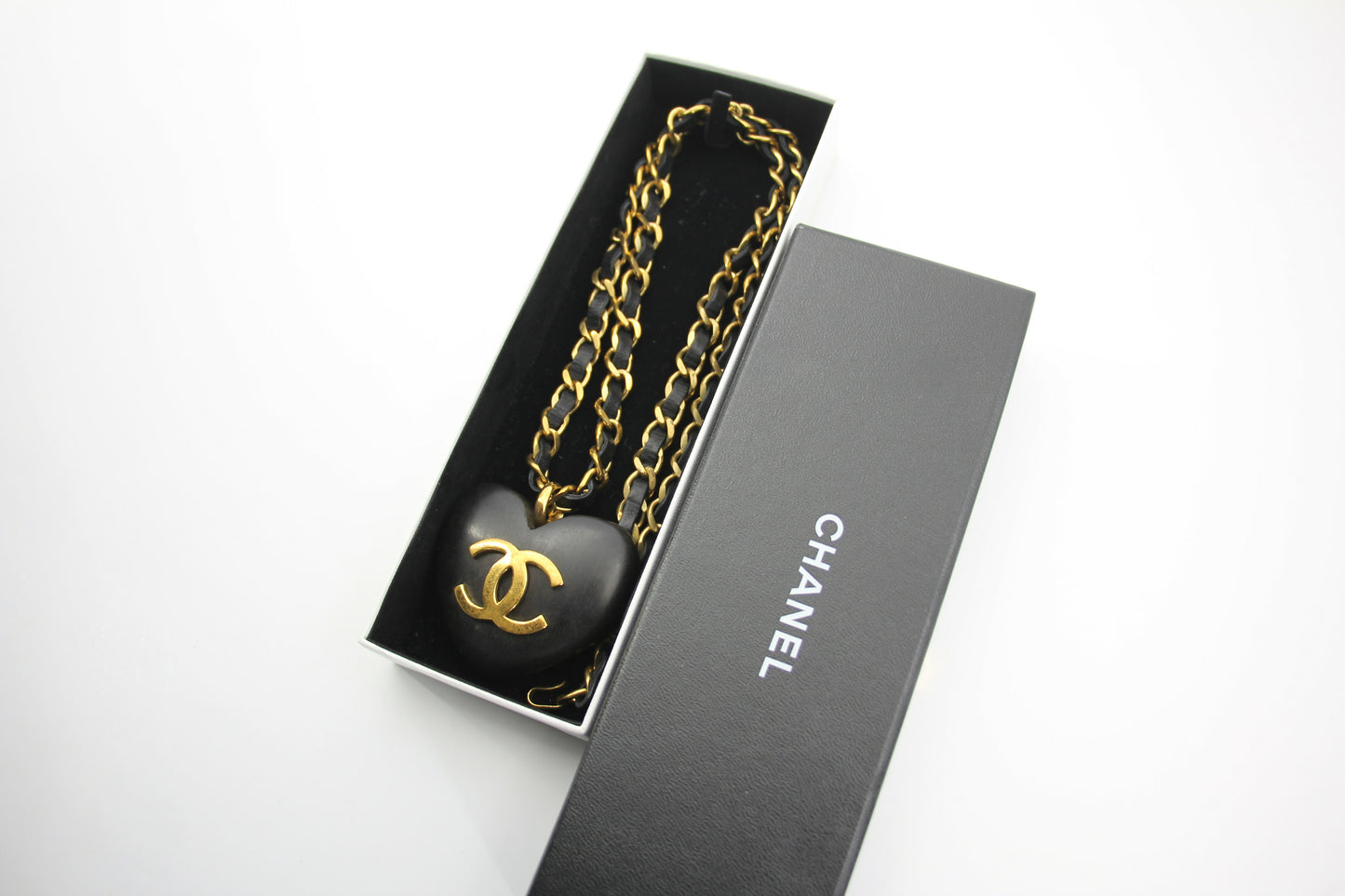 Chanel Vintage 91 Wooden Heart CC & Leather Chain Necklace