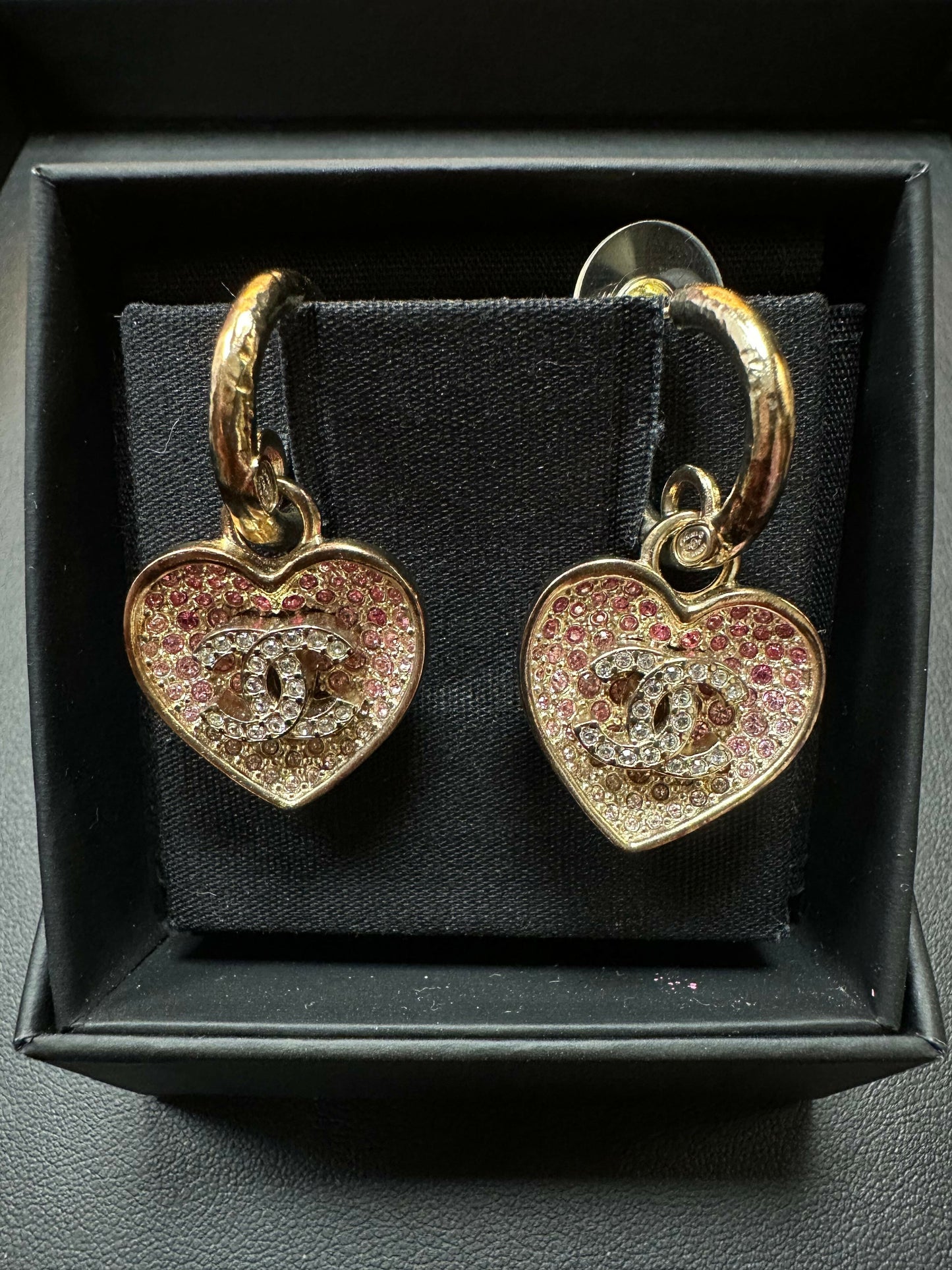 Chanel 23P Rhinestone Peach Pink Double-Sided Heart Pendant Hoop Stud Earrings