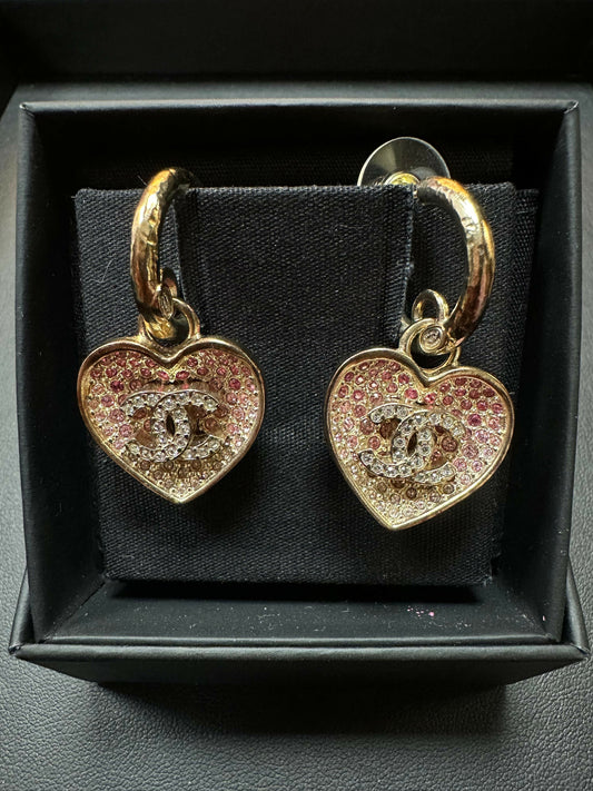 Chanel 23P Rhinestone Peach Pink Double-Sided Heart Pendant Hoop Stud Earrings